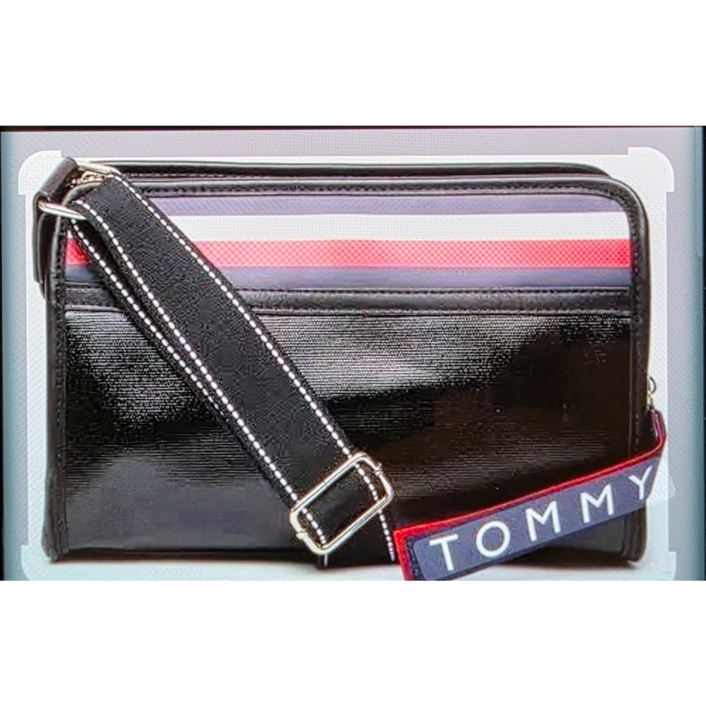 Tommy Hilfiger Black Crossbody Bag with Red and Blue Stripes